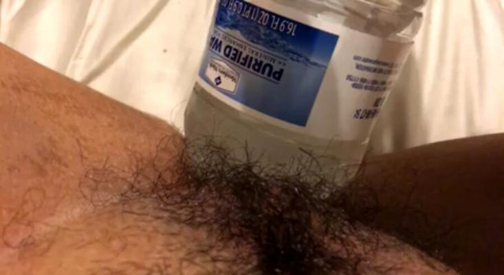 Water Bottle in my chubby hairy teen pussy