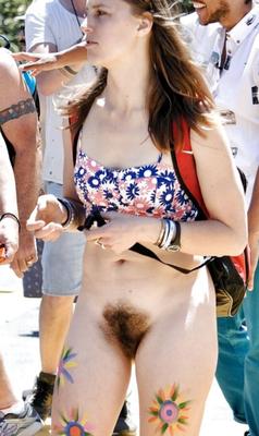 Bottomless hairy brunette at a public event