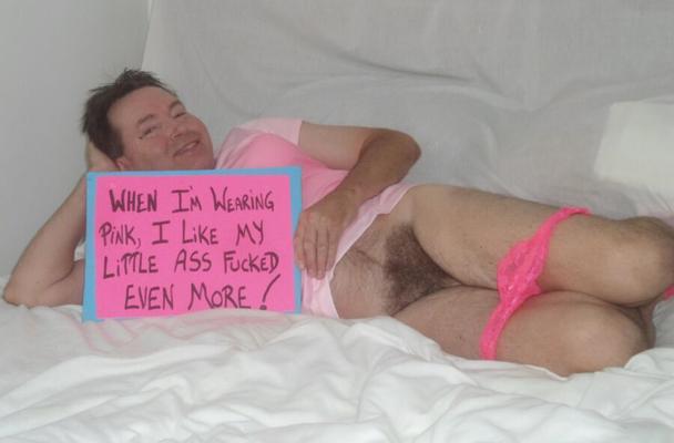 male wearing pink bra and no panties